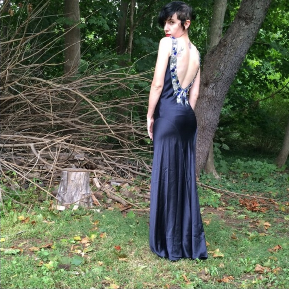 Blue silk gown glam jewels silver Eavis & Brown